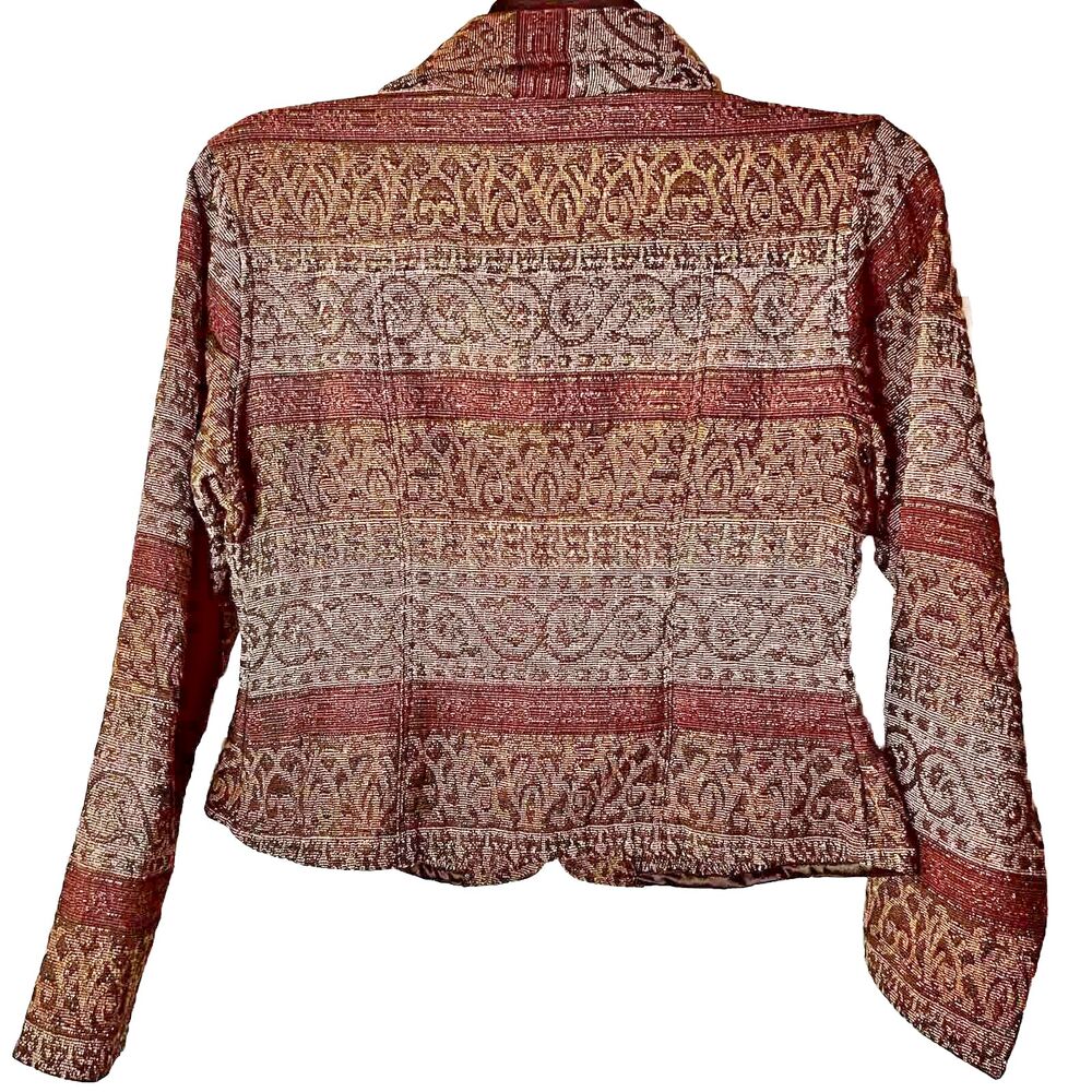 VTG Flashback Boho Tapestry Jacket Sz M Burgundy With Metallic Threading Pockets - Picture 3 of 7